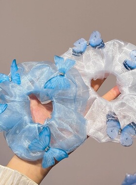 蓝色超仙欧根纱蝴蝶大肠发圈女丸子头扎头发绳高弹力橡皮筋头饰夏