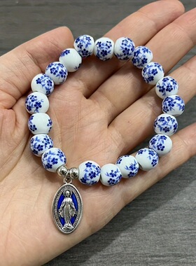 亚马逊跨境新款青花瓷复古时尚女生手链10mm串珠手串礼物