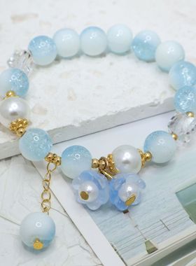 学生手链玻璃珠国风铃兰花奶盖佛珠爆花手链10mm圆珠仿珍珠手串