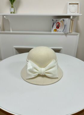 赫本风渔夫帽女秋冬新款法式优雅蝴蝶结羊毛盆帽韩版复古时尚礼帽