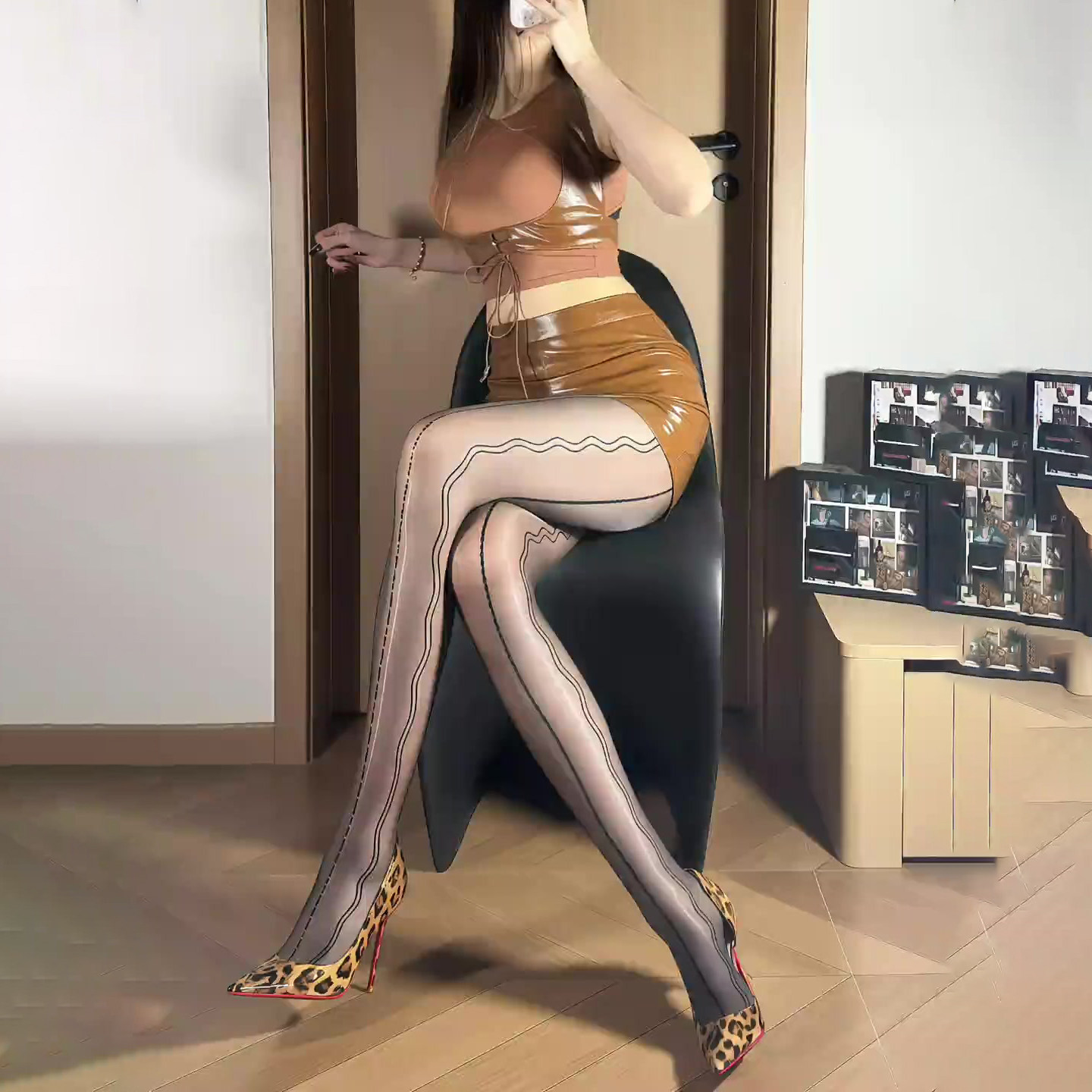 高腰连裤袜高弹性感油光竖线条纹连裤袜女超薄美腿显瘦打底袜黑丝