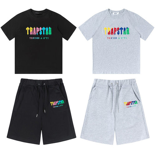 夏季Trapstar彩虹色毛巾刺绣短袖短裤男女宽松休闲套装 一件代发