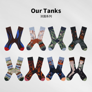 法式油画袜子女韩版中筒袜ins复古风情侣款棉袜春秋款多巴胺潮袜