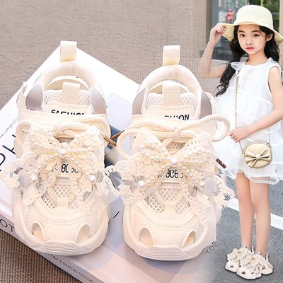 女童鞋子儿童凉鞋夏款2025新款白色软底运动鞋女孩镂空公主单网鞋