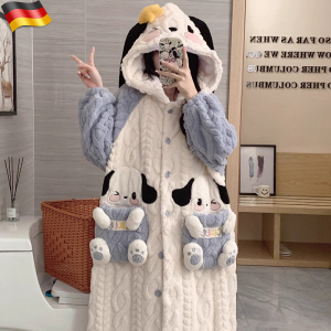 德国法兰绒卡通家居服睡衣女珊瑚绒加厚加绒款睡袍套装春秋天保暖
