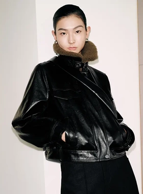 艾诺丝商场同款2025冬款毛领时尚显瘦复古加棉皮夹克外套女104112