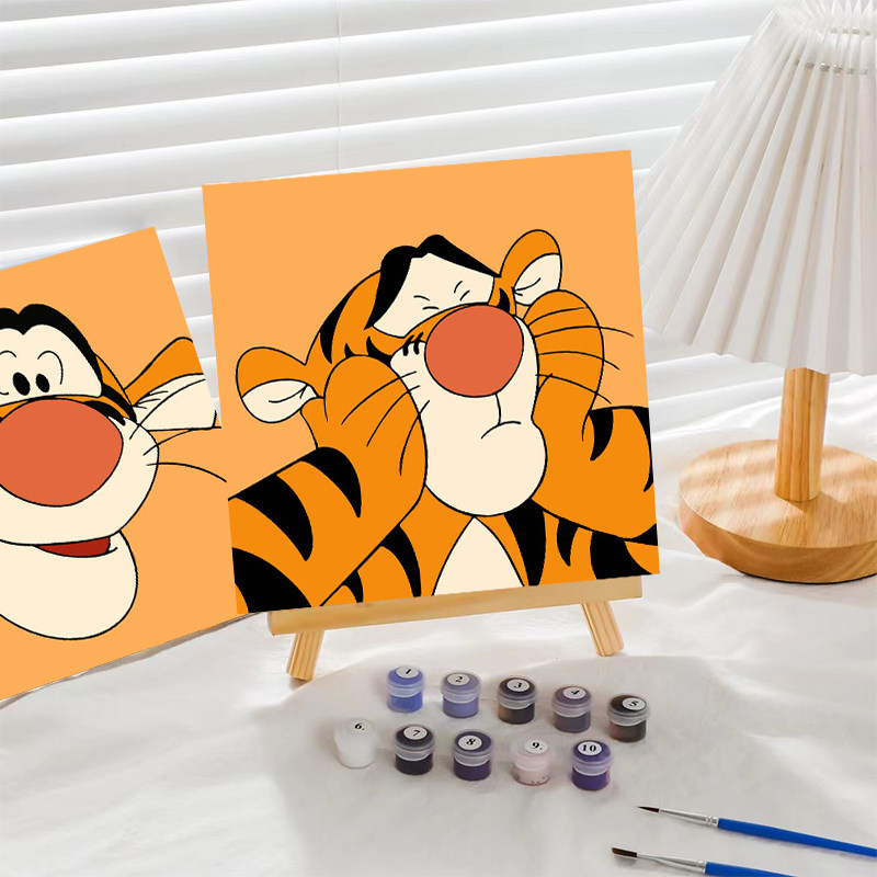 橙色diy数字油画迪士尼卡通跳跳虎现代丙烯手工填色画手绘油彩画
