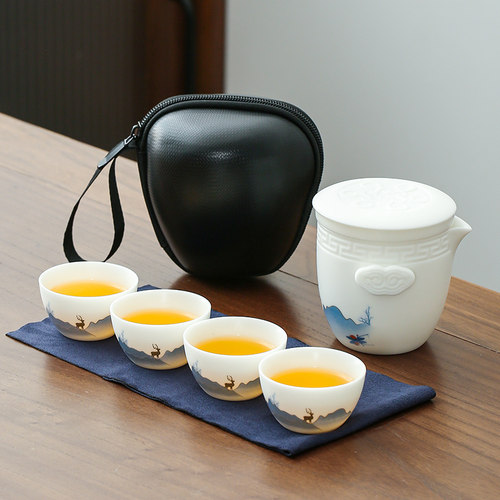 高端手绘羊脂玉白瓷旅行茶具套装