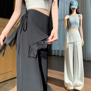 实拍假两件蕾丝拼接屁帘阔腿裤 高腰显瘦西装 休闲直筒拖地裤 女夏季