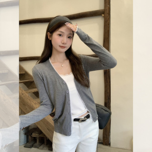 女 简约高级感t恤开衫 韩系惰懒蕾丝拼接灰色长袖 上衣2025早秋新款