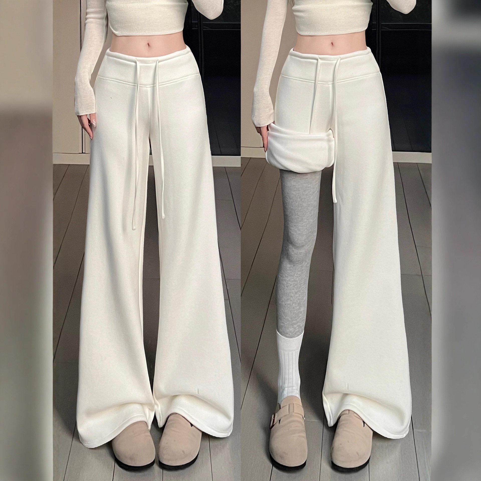 白色加绒阔腿裤女秋冬2025新款高腰休闲卫裤小个子宽松直筒运动裤