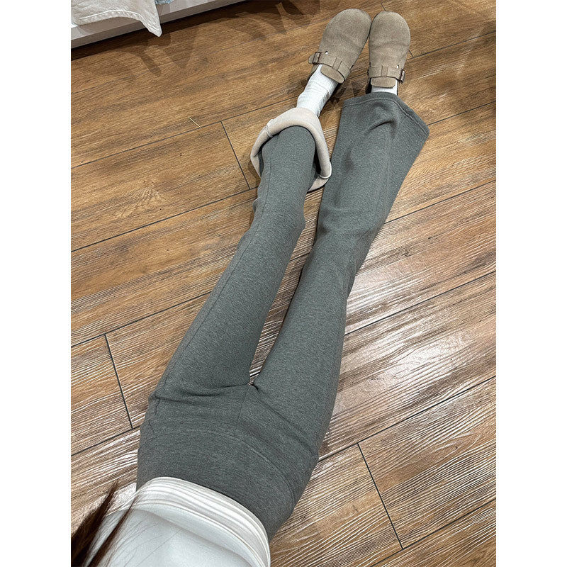 灰色加绒微喇叭裤女秋冬低腰修身显瘦紧身休闲瑜伽保暖运动卫裤