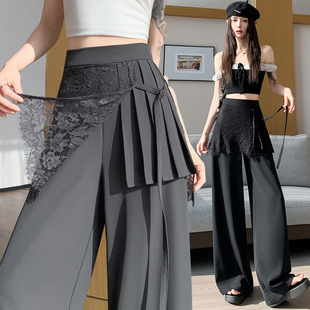 女夏季 实拍 灰色蕾丝拼接屁帘西装 阔腿裤 高腰显瘦休闲直筒拖地裤