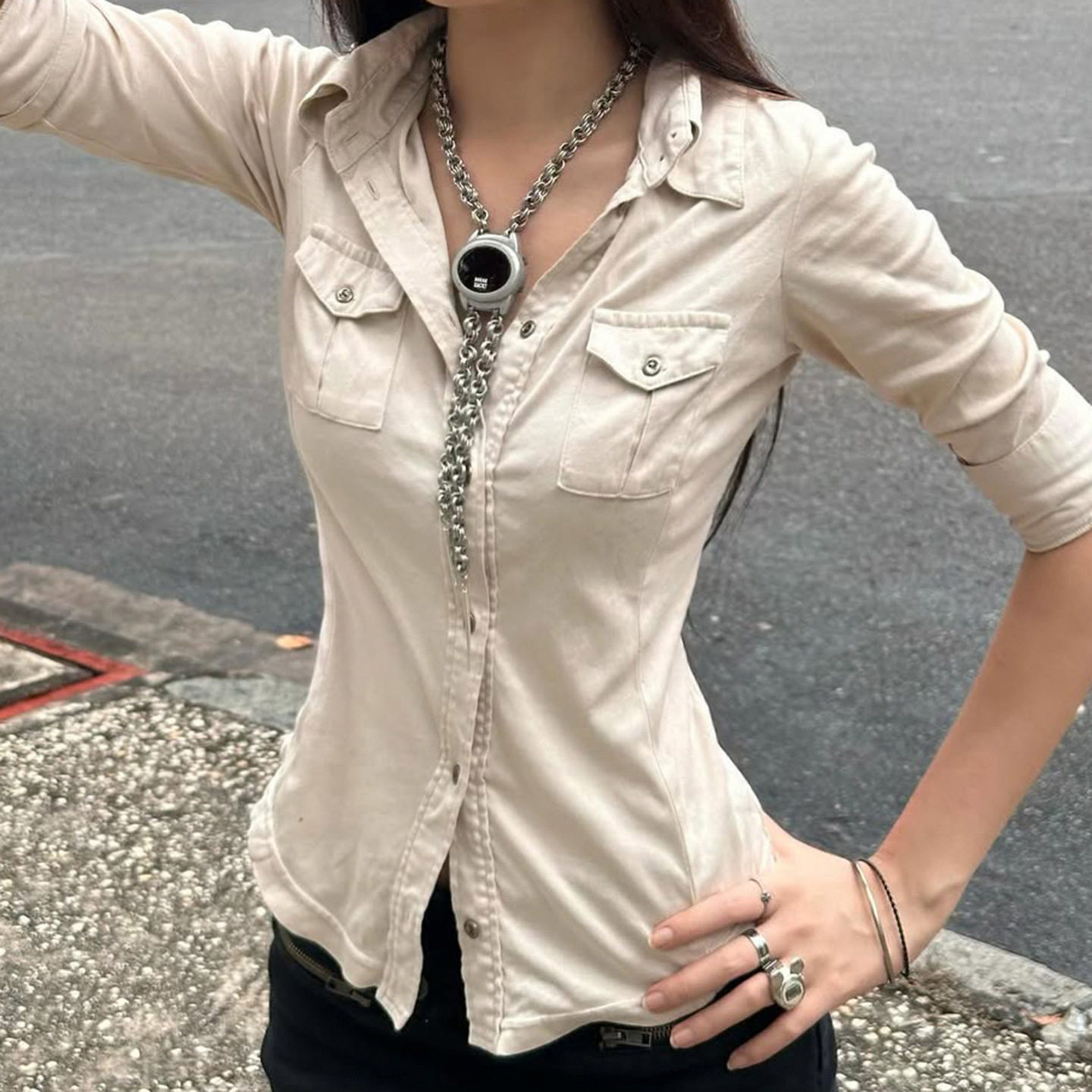 工业废土风单排扣衬衫女美式复古收腰显瘦百搭新款双口袋中袖上衣