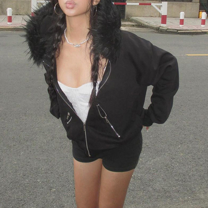 暗黑风大毛领连帽宽松休闲卫衣外套女2025秋欧美拉链时尚新款上衣