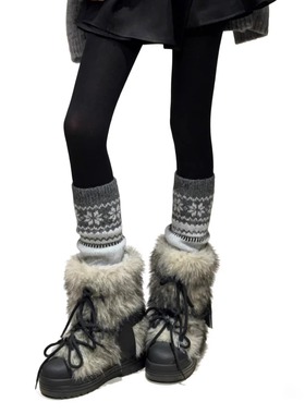 2025秋冬新款复古加厚灰色堆堆袜套费尔岛雪花显瘦加厚雪地靴腿套