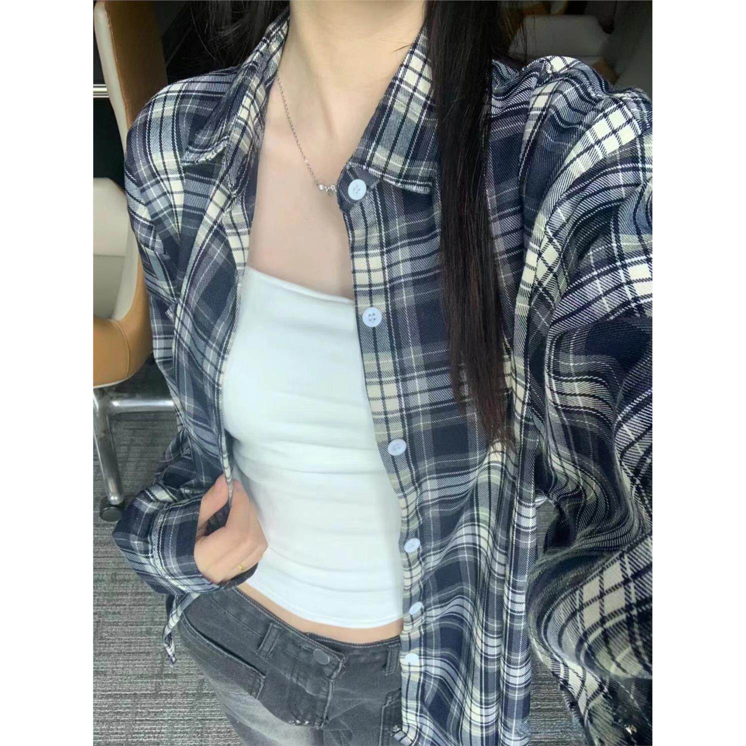 春秋新款韩版复古长袖格子衬衫女宽松开衫衬衣上衣甜美慵懒风潮