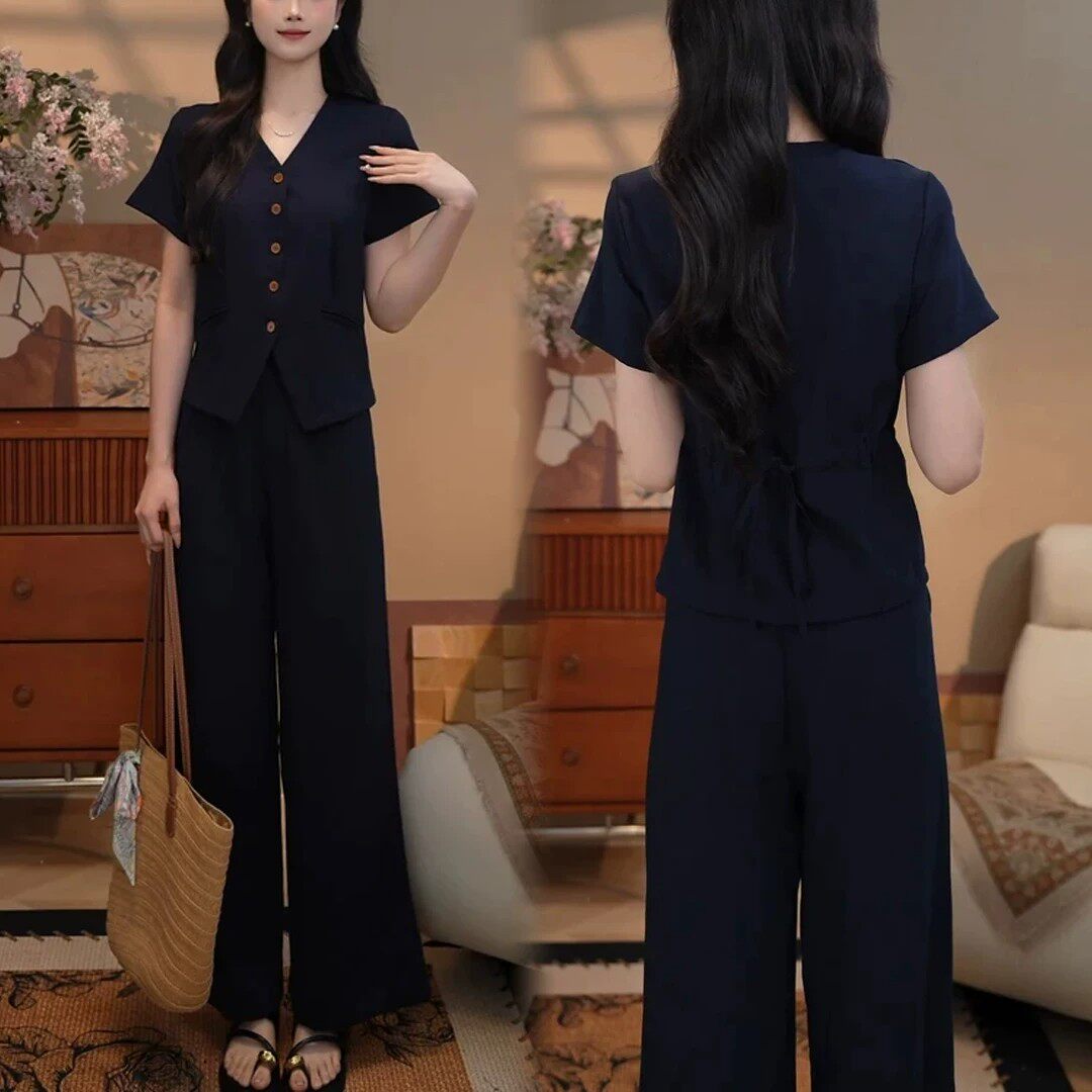 时尚气质百搭显瘦两件套装女2026夏新款小个子V领短袖上衣阔腿裤