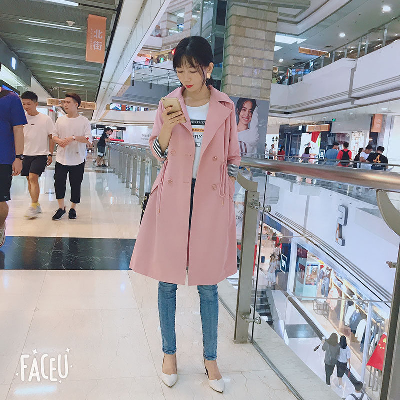 风衣女中长款粉色新款春秋季大衣韩版宽松小个子流行过膝外套