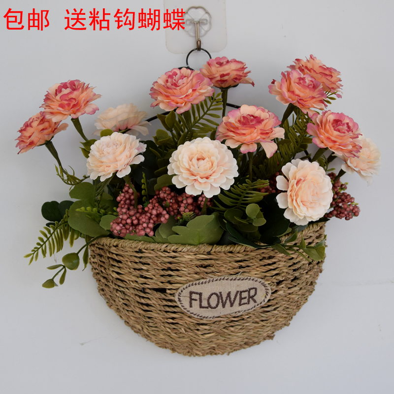 天然草编壁挂花篮墙上装饰挂件仿真花假花油画牡丹卧室墙面挂件图片