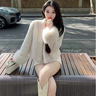 皮草外套女环保水貂皮毛一体上衣V领小香风仿狐狸毛袖口短款女装