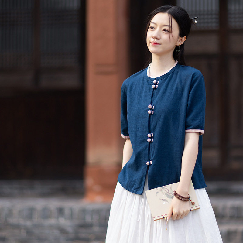2026夏棉麻女装新款改良小衫盘扣文艺小清新短袖衬衫苎麻撞色开衫