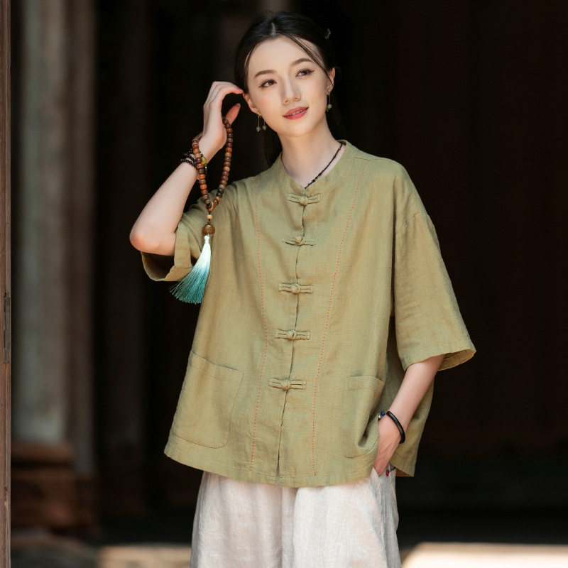 25夏新款棉麻女装中式复古苎麻砂洗手工缝线盘扣上衣女式开衫