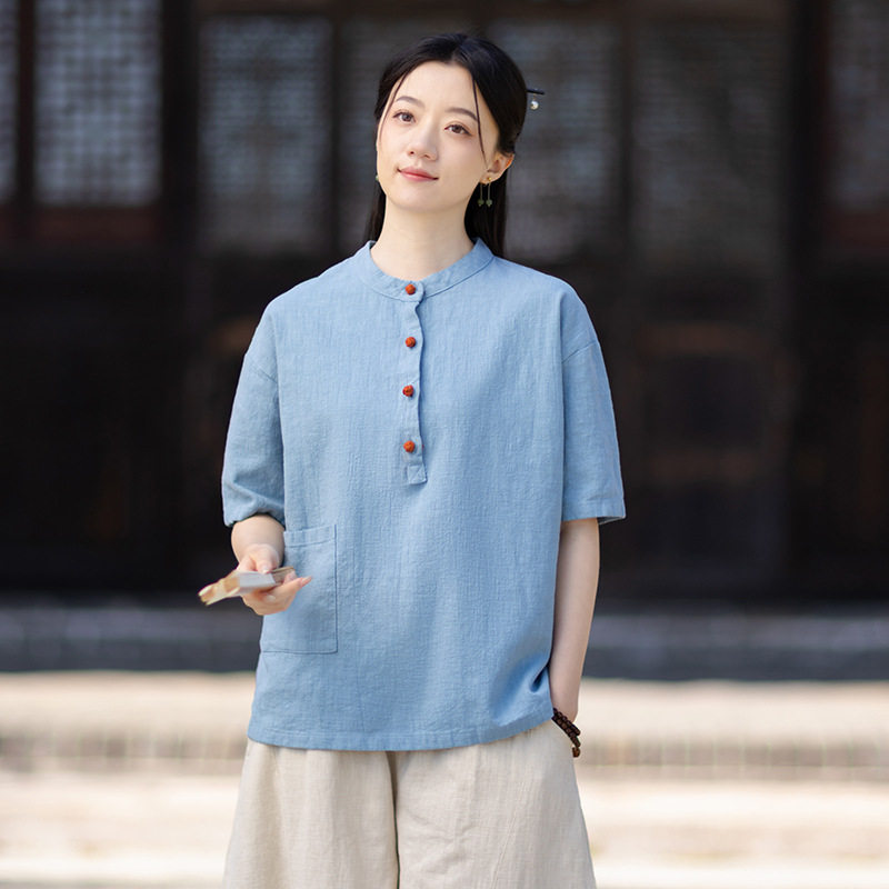 2026春夏棉麻女装新品苎麻立领拼色盘扣套头大码上衣女式棉麻衬衫