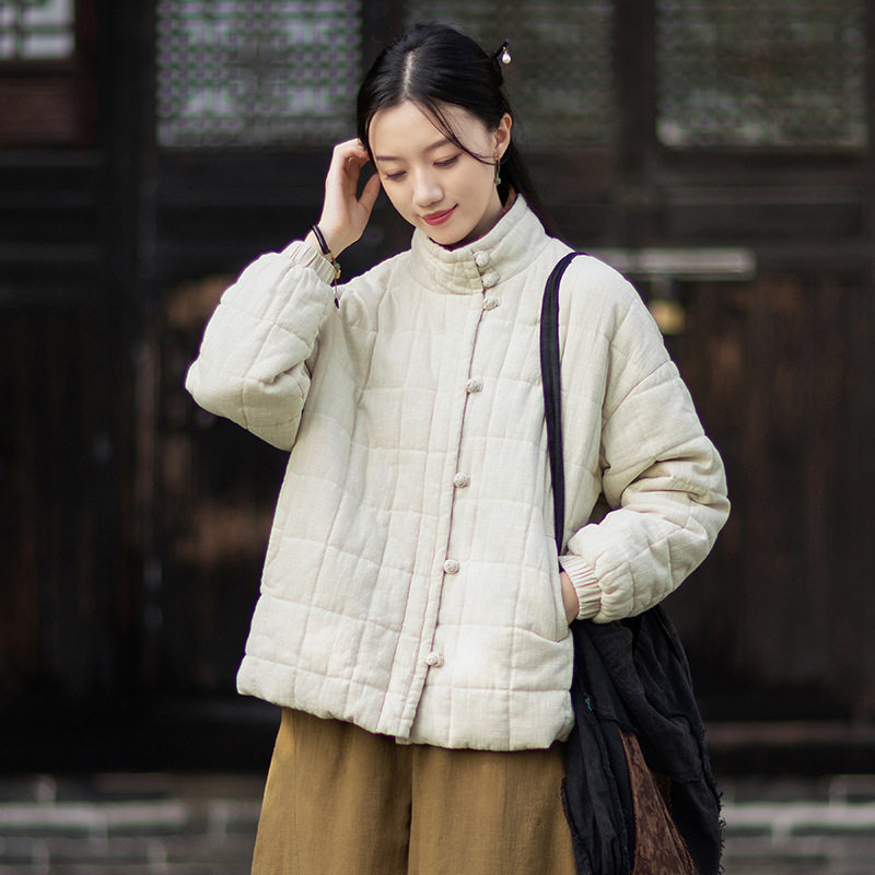 25冬季新款宽松立领保暖棉服女中式复古休闲夹棉绗缝方格盘扣棉衣图片