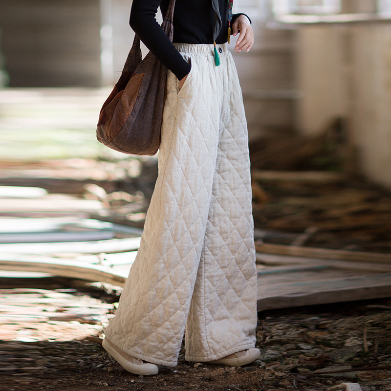 25冬季新款苎麻夹棉菱格绗缝长裤加厚保暖文艺范原创女式直筒棉裤