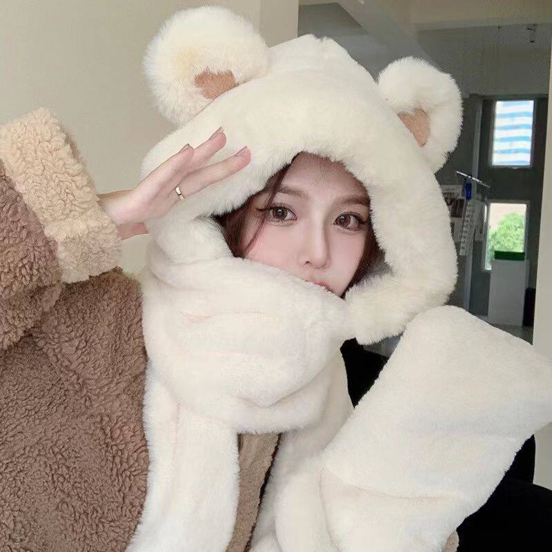小熊帽子保暖围巾一体女冬天韩版百搭可爱连帽毛绒防寒护耳朵头套