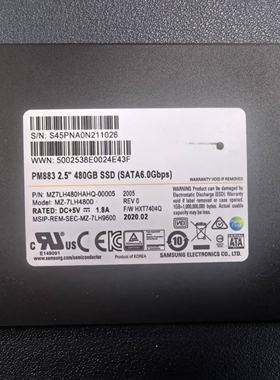 固态硬盘 三星 PM883 2.5'' 480GB SSD(SATA6.0Gbps)