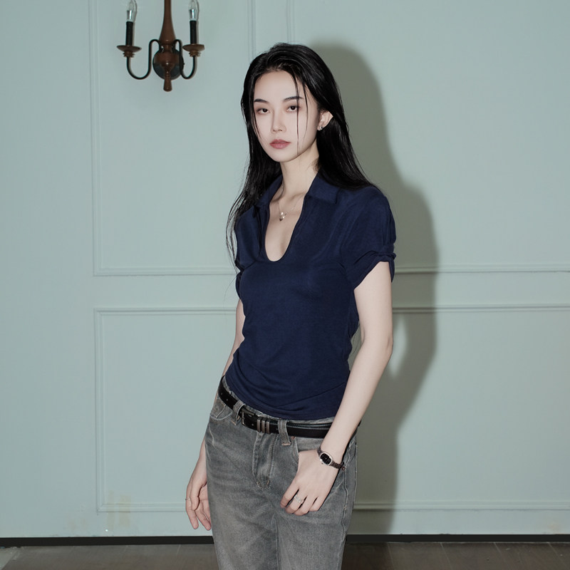 月影集 冰爽棉感 天然亲肤正肩U领短袖T恤女修身显瘦POLO衫上衣