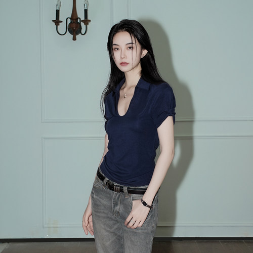 正肩U领POLO衫短袖女设计感上衣
