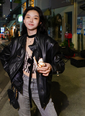 月影集可拆两穿轮廓美式复古黑色皮衣外套女秋冬宽松机车夹克上衣