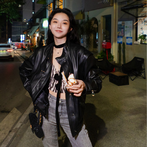 黑色皮衣外套女欧美宽松可拆两穿