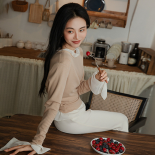 月影集慕斯羊绒圆领针织衫 宽松显瘦套头上衣 女两件套雪纺蝙蝠长袖