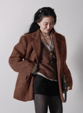 月影集复古欧美灰色羊毛毛呢西装外套女宽松休闲加厚秋冬呢子大衣