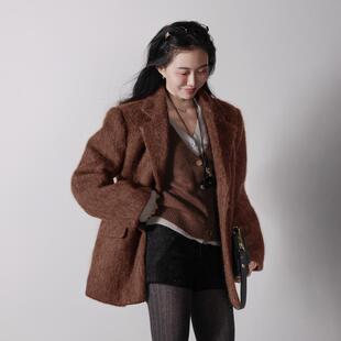 月影集复古欧美灰色羊毛毛呢西装外套女宽松休闲加厚秋冬呢子大衣