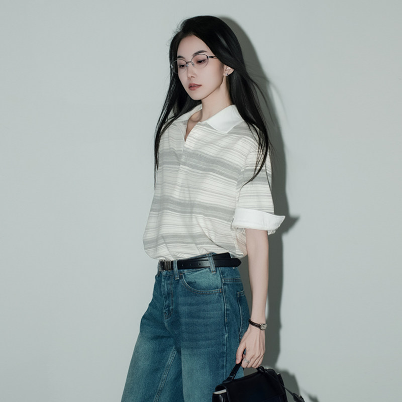 月影集 高织棉柔 知识分子短袖polo衫女翻领宽松清冷气质条纹T恤