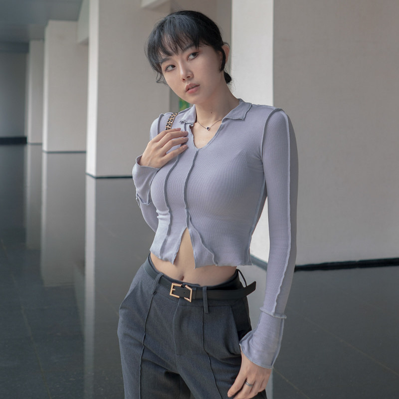 月影集外拼接不规则长袖T恤欧美V领高腰弹力修身秋季外穿长袖上衣
