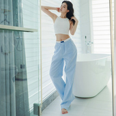 条纹阔腿裤 女春夏薄款 法式 MOONA棉麻休闲 高腰宽松垂感直筒休闲裤