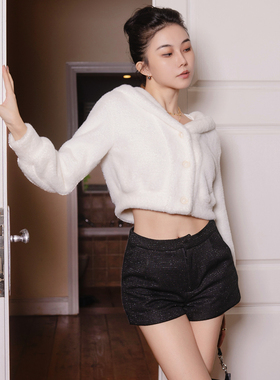 月影集 长腿秘诀黑色毛呢短裤女秋季高腰外穿小香风百搭打底热裤