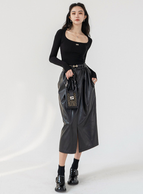 修髋美型黑色微花苞半身裙女秋季超薄pu皮哑光高腰修身A字中长裙