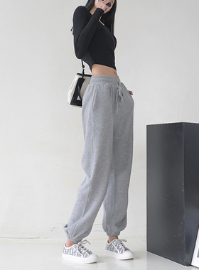 灰色运动裤女新款宽松束脚春秋季卫裤垂感显瘦直筒高腰休闲裤子