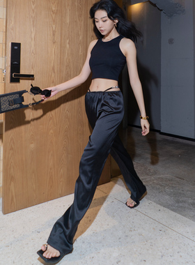 月影集性感精致醋酸黑色冰丝绸缎阔腿裤女春夏薄款垂感宽松拖地裤