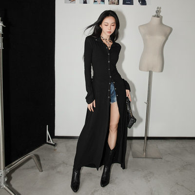 黑色纸片人显瘦显高收腰长款开衫