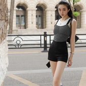 月影集 弹力A字休闲打底热裤 女团风立体剪裁高腰黑色短裤 显瘦修身