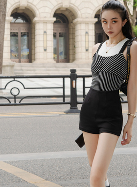 月影集 女团风立体剪裁高腰黑色短裤显瘦修身弹力A字休闲打底热裤
