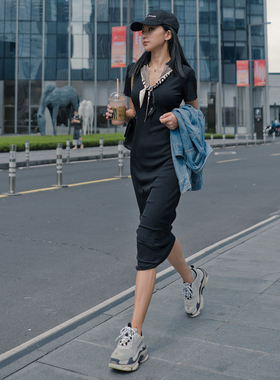 月影集 黑色连衣裙女夏V领长款过膝修身显瘦欧美休闲短袖气质长裙